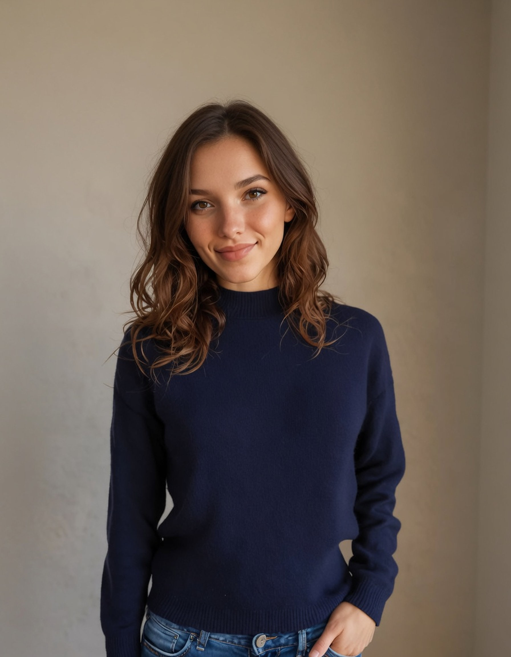 Meet Emma, 26. Fair skin with warm undertones, expressive brown eyes, oval face, relaxed smile, soft waves. Collecting little bookstores and big ideas.